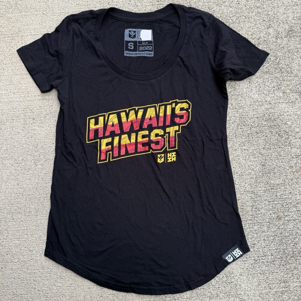 Hawaiis Finest Womens Shirt Small Black Block Letter Tribal Aloha Logo HiFinest